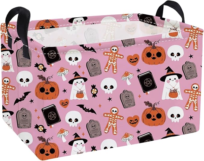 Essme Rectangular Halloween Basket,Pink Storage Bins Organizer with Handles for Room Decor, Gift Basket.(Magic Halloween)