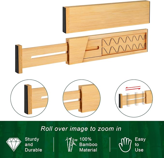 4 Pack Bamboo Drawer Dividers Organizer with Inserts 2.6'' High | Expandable from 12.5-21.7", Adjustable Drawer Organizer Separators for Utensils, Clothing, Office, Dresser, Bedroom, (Beige)