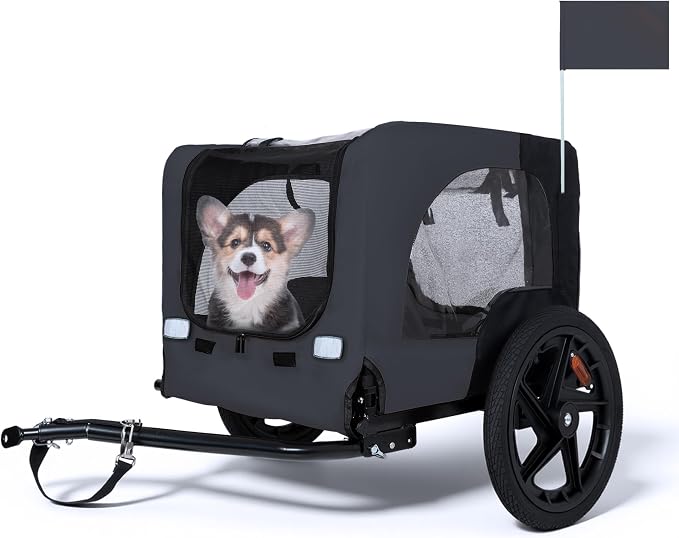 KEIKI Dog Bike Trailer with Built-in Leash, Pet Stroller Cart Bicycle Carrier, Easy Folding Cart Frame with Front Caster & 16" All-Terrain Wheels & Universal Hitch, Supports up to 66 lbs
