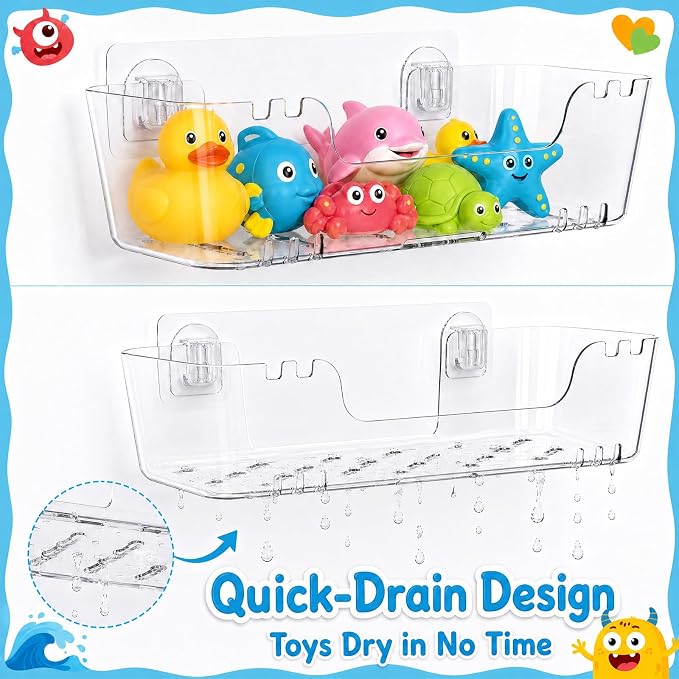 Bath Toy Storage Organizer, 2 Pack Bath Toy Holder with Drain Holes | Quick Dry Toy Shower Caddy, Mold-Resistant Wall Mount No Drill, Large Plastic Bath Toy Organizer with Drain Holes, Easy-Clean