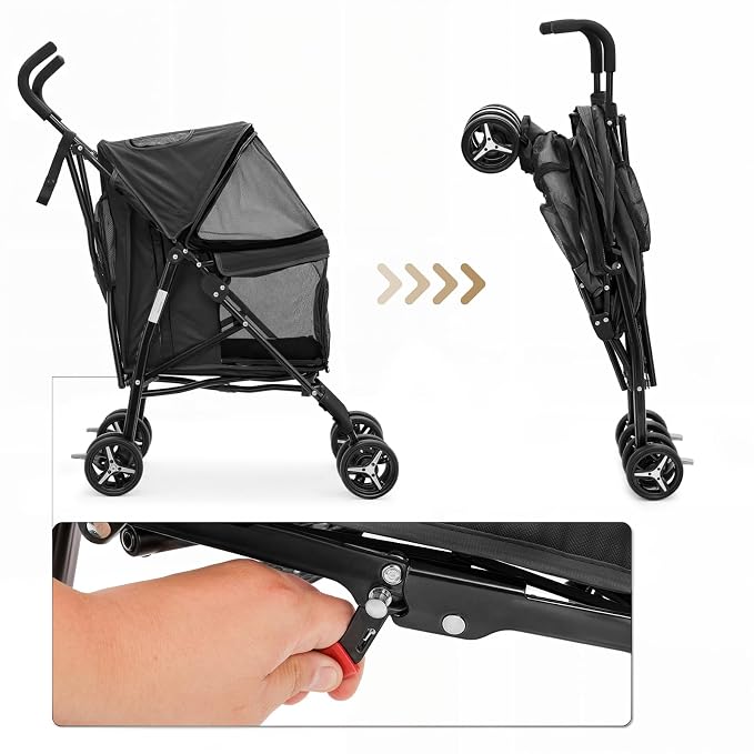 MoNiBloom Pet Stroller for Small/Medium Dogs and Cats up to 22 lbs, Black | Foladble 4 Wheels Easy-Fold Puppy Cage Jogger Stroller with Sun Cover, Pad and Rear Storage Bag, Breathable and Visible Mesh