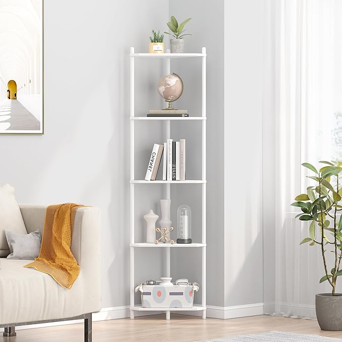 Wisuce White Tall Corner Shelf Stand, 5-Tier Bamboo Corner Bookshelf | Space-Saving Narrow Corner Shelf | Bathroom Corner Shelf | Shelves for Bedroom, Living Room, Kitchen & Plant Display