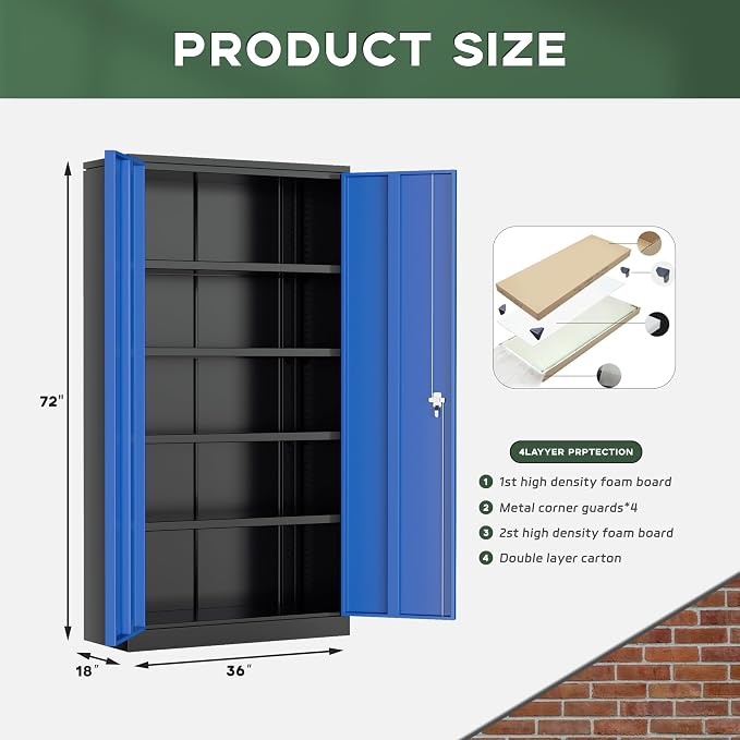 Greenvelly Metal Storage Cabinet, 72" Locking Metal Garage Storage Cabinet with Doors and 4 Adjustable Shelves, Lockable Steel Cabinet for Home Office, Garage, Shop, School (Blue 36" W x 18" D)