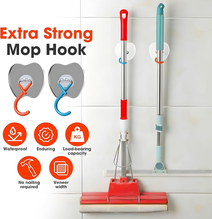 No Drill Broom Holder Adhesive Wall Hooks Heavy Duty Mop Hooks 2Pcs