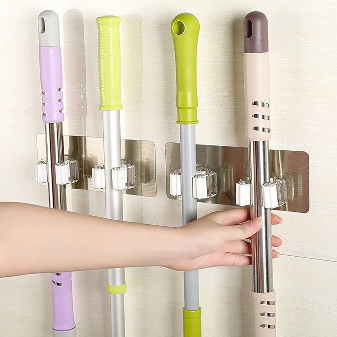 BCDlily Wall Mounted Mop Hanger Organizer Mop and Broom Holder Brush Storage Rack Kitchen Tool (White)