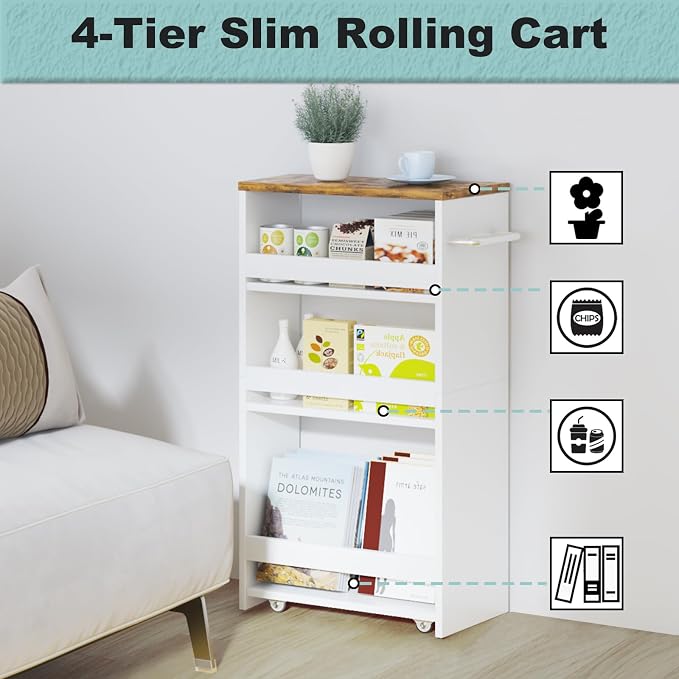 MARTY Slim Rolling Storage Cart 7.9" W Laundry Cart with Wheels,Brown+White | Narrow Utility Cart Between Washer and Dryer, 3 Tier Mobile Shelving Unit for Kitchen, Laundry, Bathroom, Office, Living Room