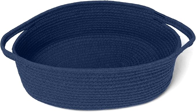 Dark Blue Small Woven Basket, 13” x 9” x 5” Baskets for Gifts Empty, Cotton Rope Gift Basket, Cute Nursery Baby Organizer, Cat Dog Toy Box, Oval Wicker Storage Bin with Handle