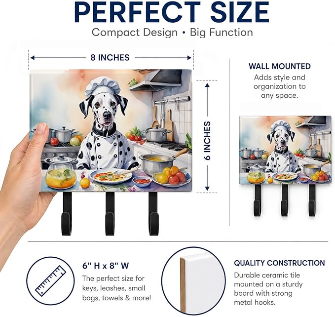 Caroline's Treasures Dalmatian The Chef Leash or Key Holder Wall Hooks, Key Hooks Holder, Coat Rack Wall Mount, Coat Hooks, Hooks for Hanging Keys, Towels, Aprons, Leashes | Dalmatian The Chef artwork on ceramic tile with three steel hooks for keys, le...