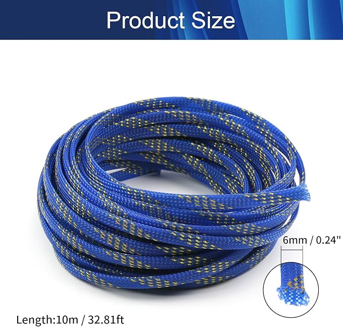 Jutagoss PET Expandable Braided Cable Sleeve, 32.8ft - 1/4 inch Blue Gold Cable Management Sleeve, Wire Loom Tube Cord Protector for USB Cable, Power Cord, Audio Video and More, 1Pc