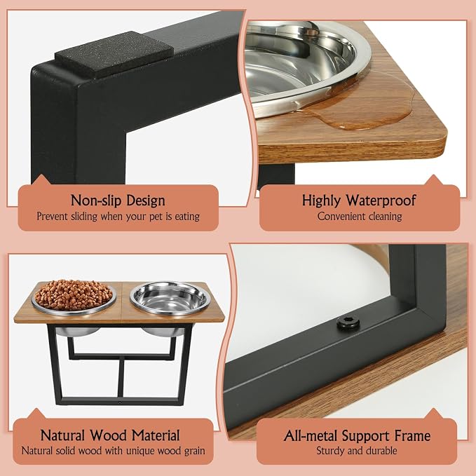 Spacnom Elevated Dog Bowls for Large Dogs, Raised Dog Bowl Stand with Two X-Large Stainless Steel Bowls for Dogs, 3.5L Capacity, Rustic Walnut