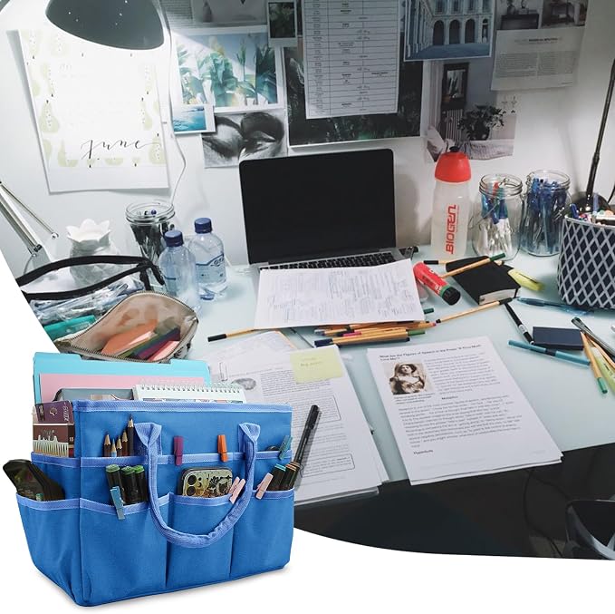 Cupohus Craft Organizer Bag, Blue Art Supply Tote with Multiple Pockets | Portable Storage Tote for Scrapbooking, Journal, Sewing, Oxford Fabric Carrying Caddy for Teacher, Officer, Artist