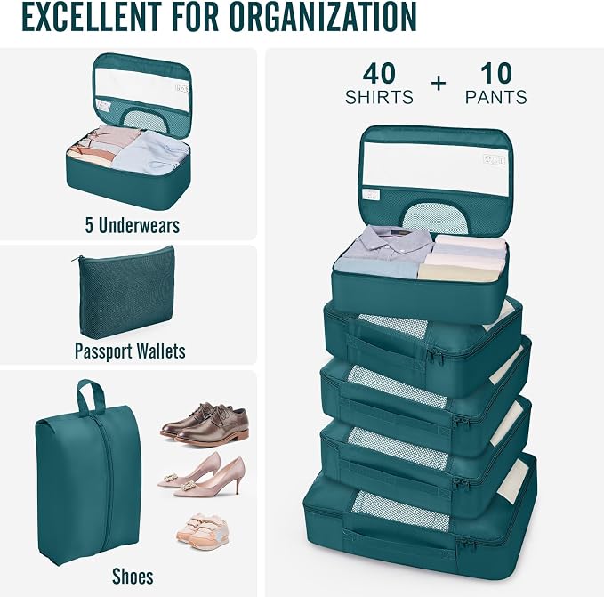 Veken 10 Set Packing Cubes for Travel Essentials, Suitcase Organizer Bags in 4 Sizes, Carry-On Luggage Accessories with Laundry Bag, Airplane Must Have with 99-Count Mesh Holes