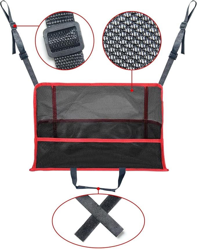 Car Net Pocket Handbag Holder Between Seats Universal Seat Back Storage Mesh Bag for Phone Purse and Smaller Items Barrier of Pet Kids, Red