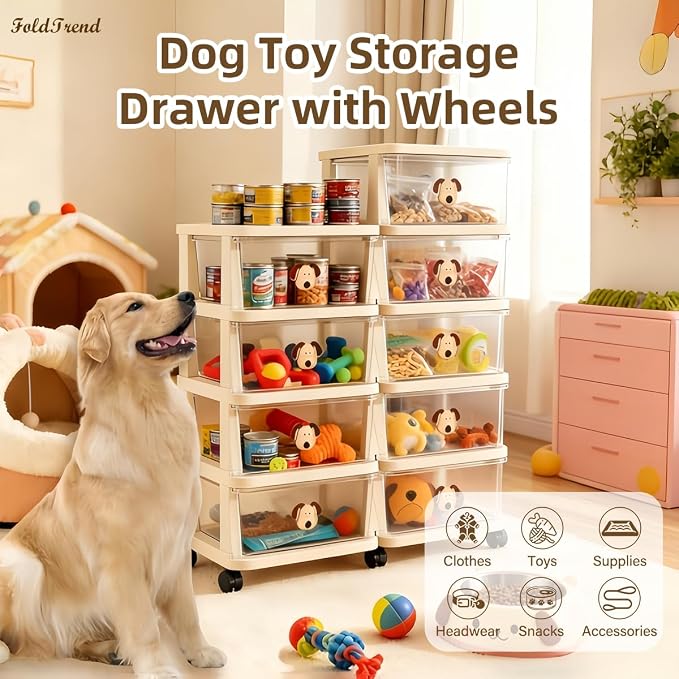 Dog Toy Storage Drawer with Wheels,5 Tier Large Capacity Stackable Bin for Pet Toys & Essentials, All-in-One Dog Stuff Storage Cabinet, Perfect for Living Room, Easy to Clean