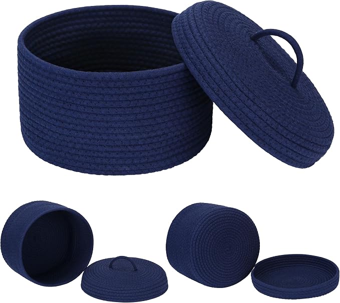 Sea Team Round Storage Basket, Woven Cotton Rope Basket with Lid, Navy | Decorative Knitted Storage Bin, Multi-Purpose Lidded Organizer for Closet Shelves, Nursery and Household Storage