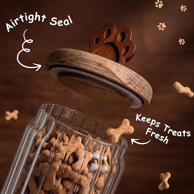 3 Pcs Glass Dog Treat Container, Dog Cookie Jar with Wooden Lid | 3 Sizes, Airtight Pet Treat Storage Container, for Kitchen Counter, Treats Canister, Doggie Cookie, Pets, Stripe Paw