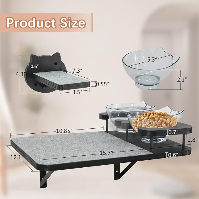 Cat Wall Shelves Furniture Set with 2 Food Bowls, Wooden Cat Climbing Wall Systems with Scratching Pad and 3 Steps, Floating Shelves Bed Perches Wall Mounted for Indoor Fit Up to 15Lbs (Black)