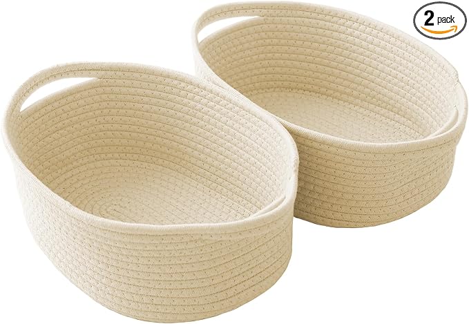 JMvicyroam Small Woven Basket, Empty Gift Basket, Beige/2 Pack | Small Gift Basket, Cotton Rope, 12 x 8 x 10 in, Handles, Includes Ribbon and Bag, Birthday Gift Basket
