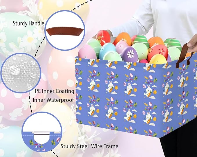 Large Rectangular Easter Baskets Empty Waterproof Boy Toy Box Foldable Kid's Gifts Storage Bin Spring Room Decor(Blue Rabbit Holding Carrot Egg)