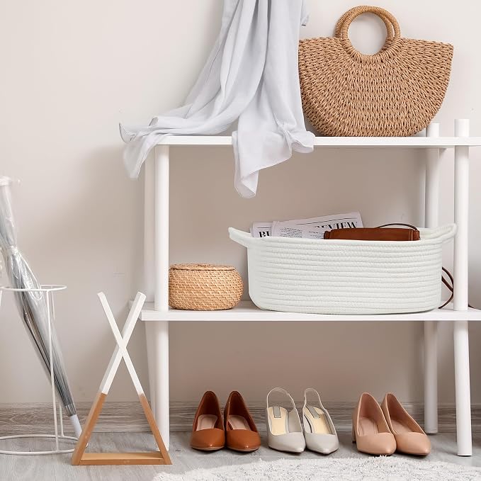 Woven Cotton Rope Storage Basket with Handles, White, 13.5 Inch | Empty Gift Basket, Bathroom and Closet Organizer, Nursery Toy Storage, Decorative Boho Basket, Shelf Storage Bin