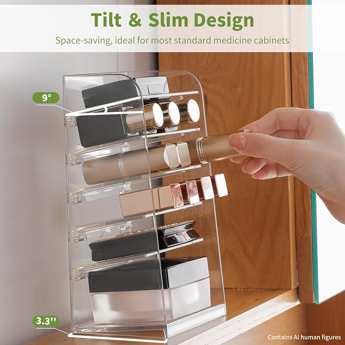 6-Tier Medicine Cabinet Makeup Organizer | Adjustable Dividers, 9° Secure Hold, Clear Quick Access, Non-Slip Mats, For Vanity & Drawer Storage Lipstick/Powder/Eyeshadow