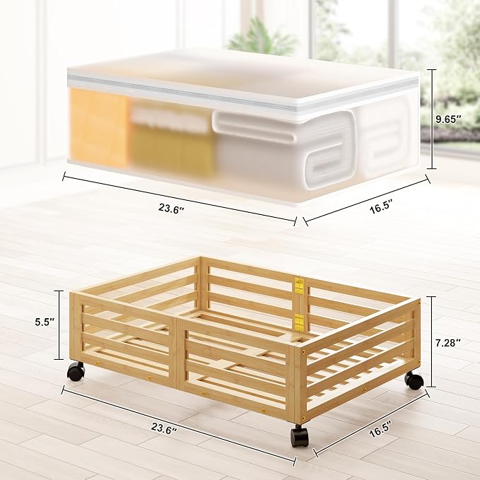 Under Bed Storage with Wheels, 2 Pack Bamboo Drawers for Shoes and Clothes | Fitted dustproof bags, stackable design, smooth pullout access for bedding, blankets, toys and seasonal essentials