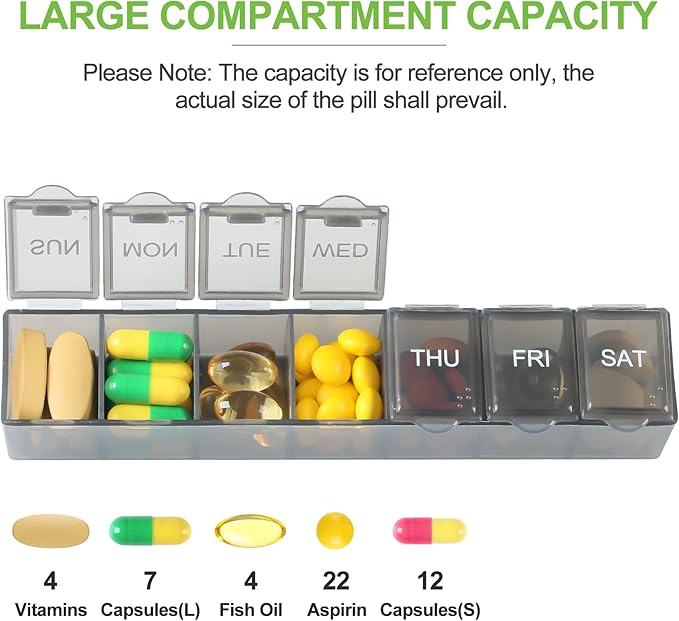 4 Pack Weekly Pill Organizer, 7 Days Pill Case Travel Daily Pill Box | Portable Medicine Organizer and Planner with Compartment for Vitamins, Fish Oil, Supplements and Medication (4 Colors)
