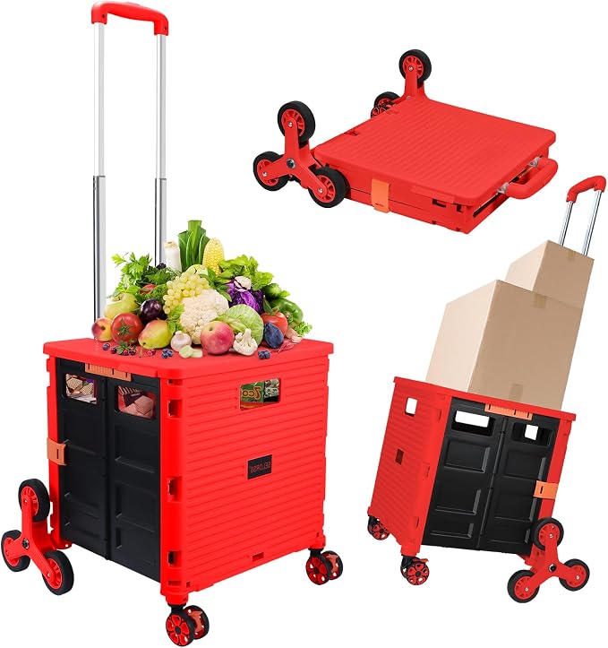 Foldable Utility Cart Collapsible Crate Rolling Carts with Stair Climbing Wheels Rolling Tote Basket Teacher Cart with Lid Wear-Resistant 360°Rotate Wheel Noiseless for Shopping Grocery Office