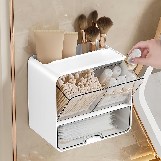 Acrylic Wall Mount Organizer, Wall Mounted Tampon and Pad Holder for Bathroom, No Drilling Feminine Hygiene Organizer with Lid and Drawer for Bathroom Cotton Swabs, Balls, Pads, Floss Picks