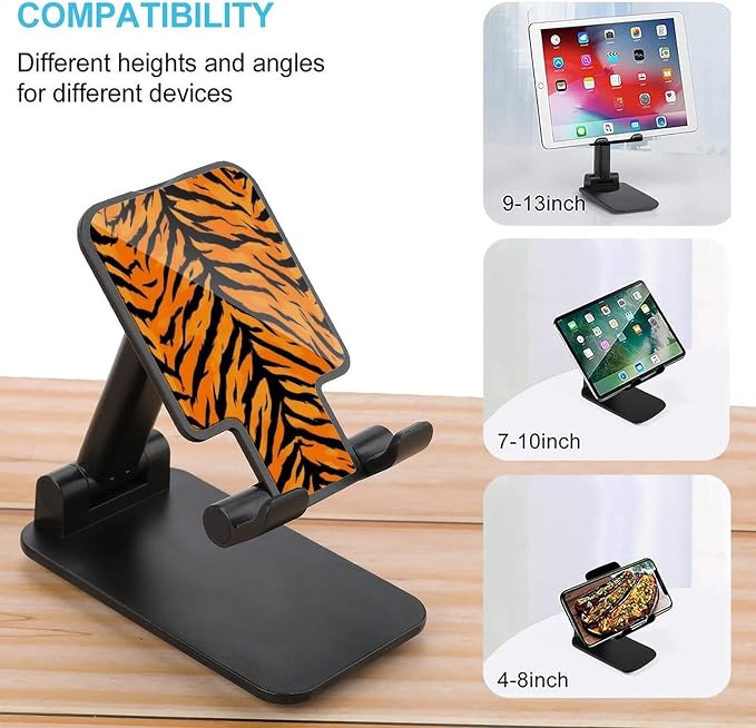 Multi Angle Foldable Tiger Stripe Animal Print Cell Phone Desk Stand | Anti Slip, Desktop Smartphone Holder, Compatible with 4"-13" Tablet, Travel Office