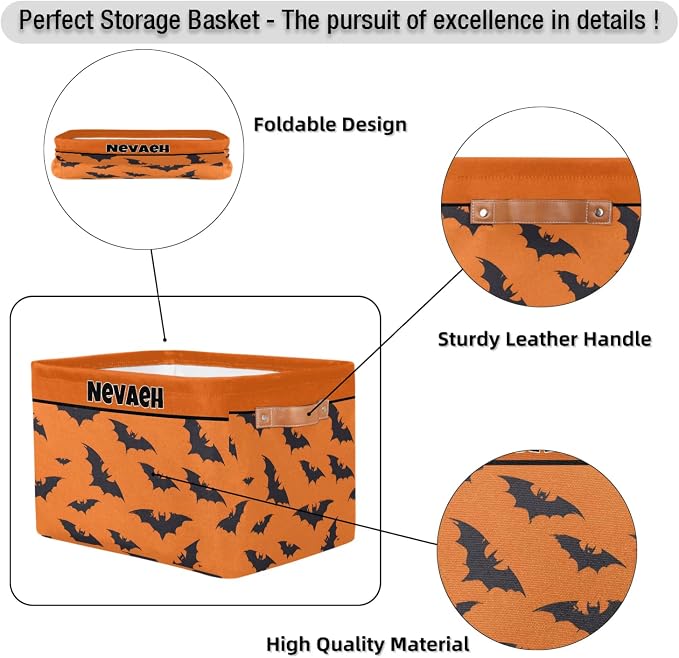 Personalized Kids Toy Box Name, Custom Nursery Baskets Cubes Box, Girls Custom Storage Basket Laundry Baskets Organizer with Handles, Black Bats Pattern Orange Background
