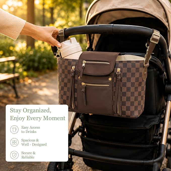 miss fong Checkered Stroller Caddy with Insulated Cup Holder Universal Stroller Organizer Bag Baby Storage Bag with Adjustable Strap, Fits for Baby Carriage like Uppababy, Baby Jogger, Umbrella