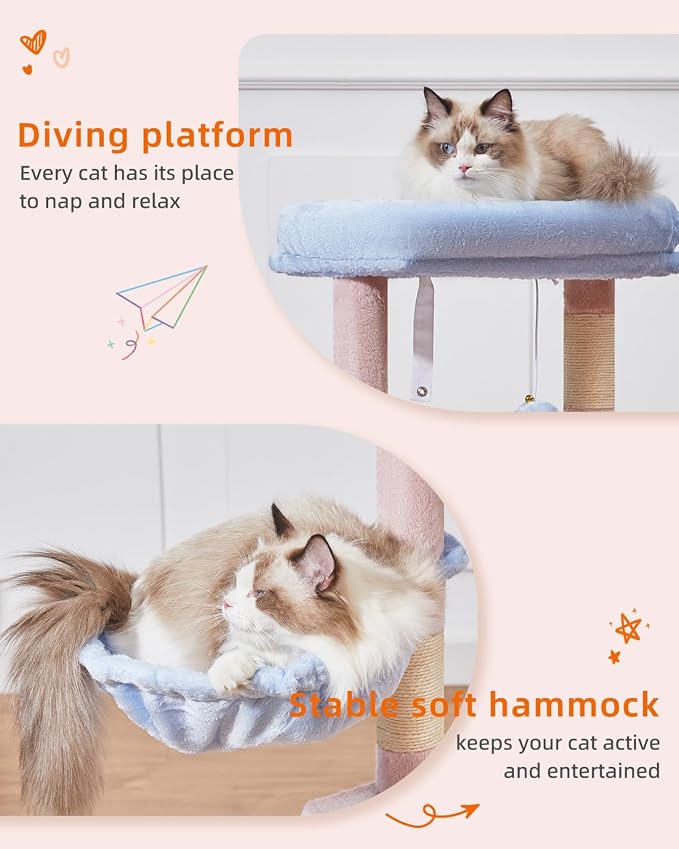 Taoqimiao Cat Tree, 38.5In Cat Tower for Indoor Cats, Suitable for Kittens | Thick Padded Top Perch, Luxurious Cat Condo, Adjustable Basket, 1-Piece Ramp Scratcher, 3 Sisal Posts, Pink&Blue, MS029SPB