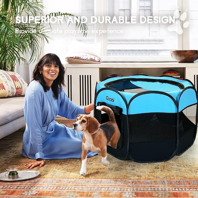GOOZII Portable Dog Playpen Indoor Outdoor, Collapsible Pet Dog Playpen with Zipper Top Cover, Cat Puppy Bunny Kitten Exercise Play Pen Tent for Beach RV Car (Medium Size,Black Blue)