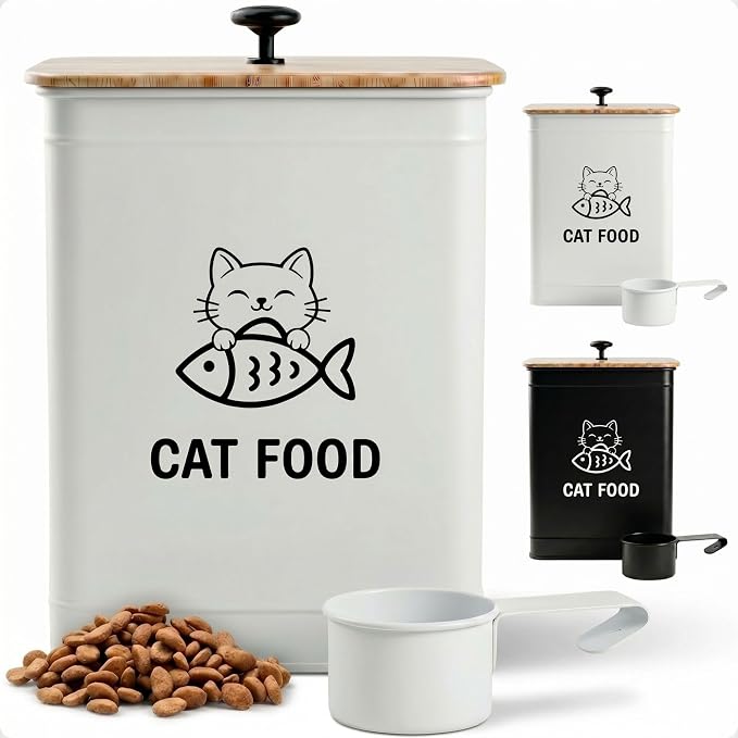 Metal Cat Food Container with Scoop 5-7 lb (25 Cup), w/ Airtight Bamboo Lid | Cat Kibble Canister with Metal Scoop, 25 Cups, Chew Proof Iron Body, Powder Coated, Airtight Bamboo Lid, Sturdy Metal Handle