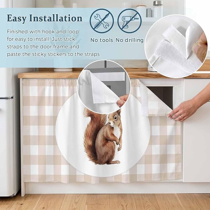 Squirrel Plaid Cabinet Curtains 28"x51" Sink Skirt for Bathroom Kitchen, Modern Farmhouse Checkered Rustic Animal Self Stick Adhesive Under Desk Covers Tall Laundry Cabinet Storage Organizer