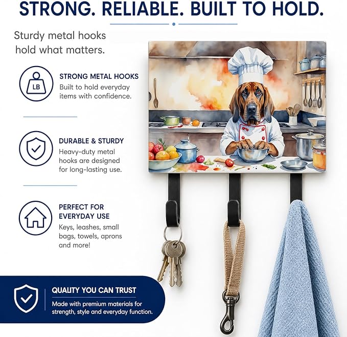 Caroline's Treasures Bloodhound The Chef Leash or Key Holder Wall Hooks, Key Hooks Holder, Coat Rack Wall Mount, Coat Hooks, Hooks for Hanging Keys, Towels, Aprons, Leashes | Bloodhound The Chef artwork on ceramic tile with three steel hooks for keys, ...