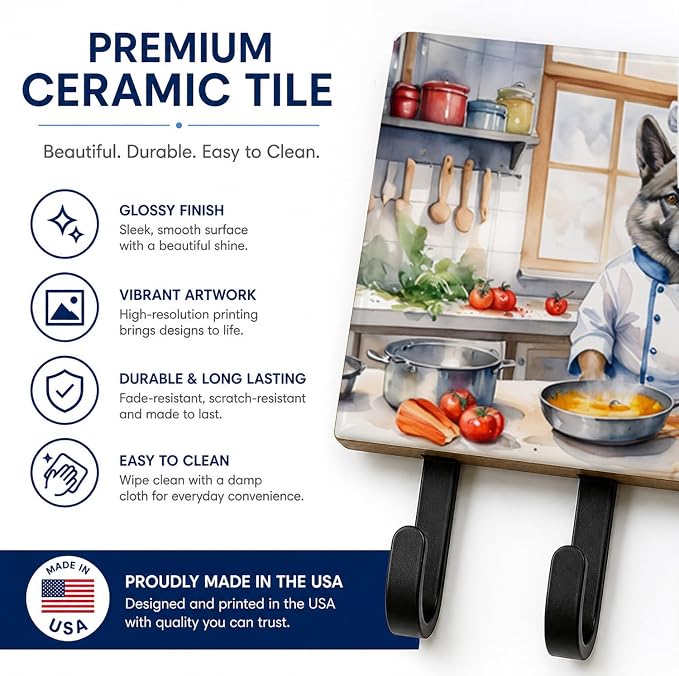 Caroline's Treasures Norwegian Elkhound The Chef Leash or Key Holder Wall Hooks, Key Hooks Holder, Coat Rack Wall Mount, Coat Hooks, Hooks for Hanging Keys, Towels, Aprons, Leashes | Norwegian Elkhound The Chef artwork on ceramic tile with three steel ...