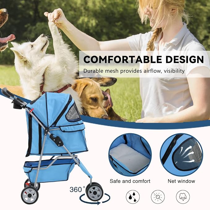 Dog Cart, 3 Wheels Pets Stroller, Folding Carrier Waterproof Puppy Stroller with Cup Holder & Removable Liner, Dog Strollers for Small Dogs, for Small and Medium Pets (Blue)