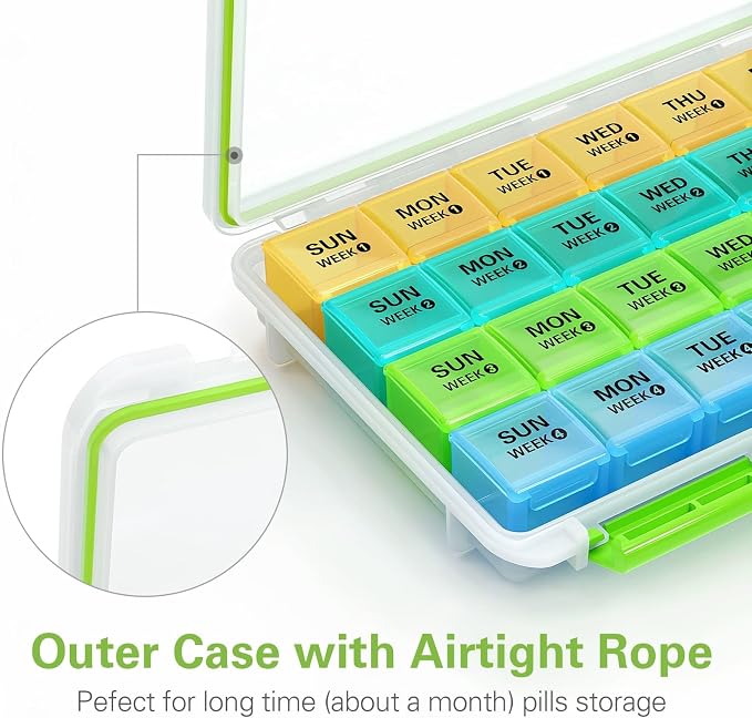BUG HULL Monthly Pill Organizer, Moisture-Proof Large 28 Days Pill Box with Removable 4 Weeks Pill Case Rows, Medicine Pill Organizer, Travel Pills Organizer with One Month Pill Container for Vitamin