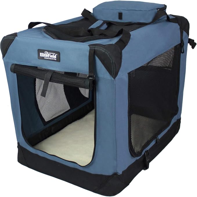 EliteField 3-Door Soft Dog Crate with Bed & Carrying Bag (2-Year Warranty) | 3 Mesh Doors, Steel Frame, Removable & Washable Crate Cover and Bed Cover, Storage Pockets, Indoor/Outdoor, Foldable