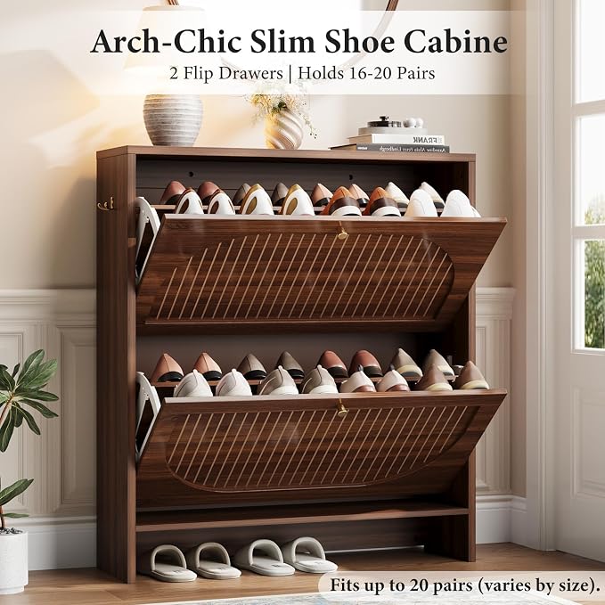 Arch-Chic Shoe Cabinet for Entryway, Modern Mid-Century Shoe Storage Cabinet with Fluted, Narrow Shoe Rack with Adjustable Shelves & Tipping Protection, Fits Size 12+ Shoes,Luminous Walnut