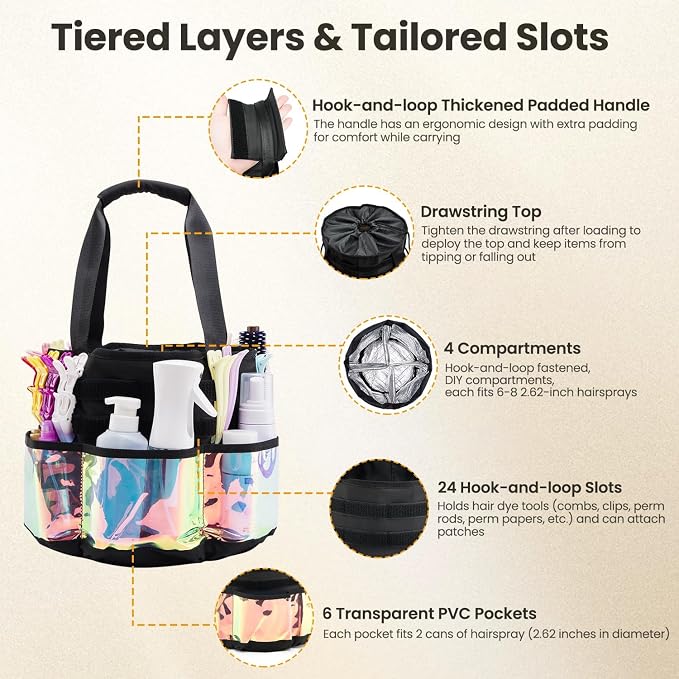 Hairstylist Travel Bag, with Dust Cover, 11L Large Capacity, Heat-Resistant Interior, Iridescent Pockets, 24 Hook-and-loop Slots, Top Drawstring, Makeup & Pet Grooming Supplies Organizer