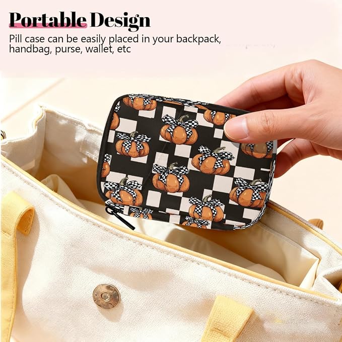 Travel Pill Organizer Black White Plaid Pumpkin Small Pill Case