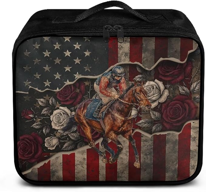 Rnyleeg Retro American Flag Horse First Aid Kit for Home Run for The Roses First Aid Bags Empty Medical Supply Bag for Office Car Camping Hiking