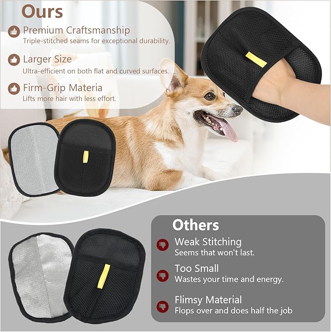 Pet Hair Removal & Grooming Gloves, Reusable Electrostatic Pet Fur Remover Mitt, Washable Shedding Brush Glove for Dog Cat, Multi Surface Lint & Fur Cleaning Tool for Furniture, Car & Carpet
