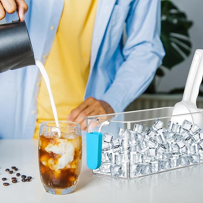 Havawish Ice Storage Bin and Flexible Scoop Set Plastic Freezer Bin | Freezer Ice Bin Scoop, Clear Bucket Container, Pull Handle, Flexible Storage, 10.83 X 4.92 X 4.33 in