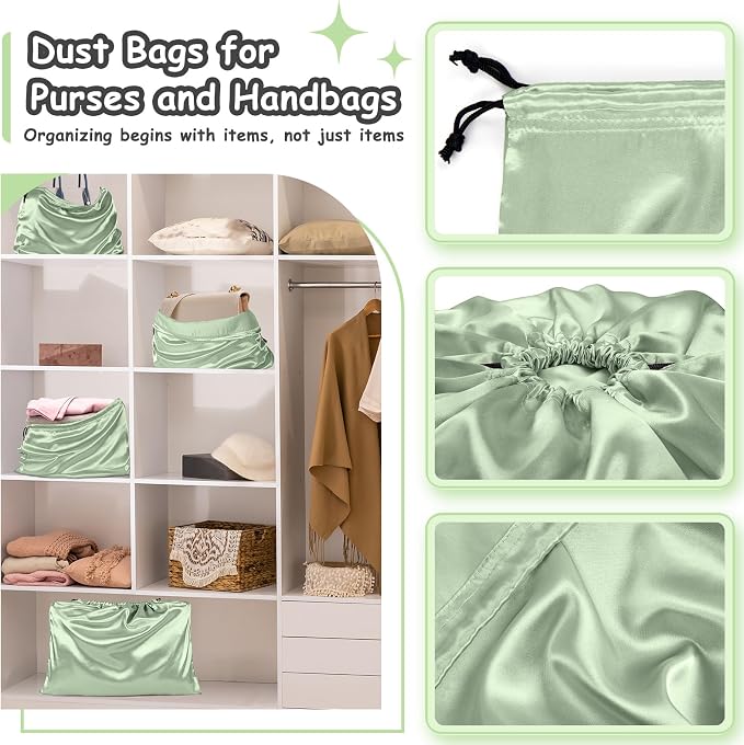 RUDONG M Satin Dust Bags for Handbag, Sage Green, 2 Pack | Silky Dust Cover, Drawstring, For Storage, Travel Pouch