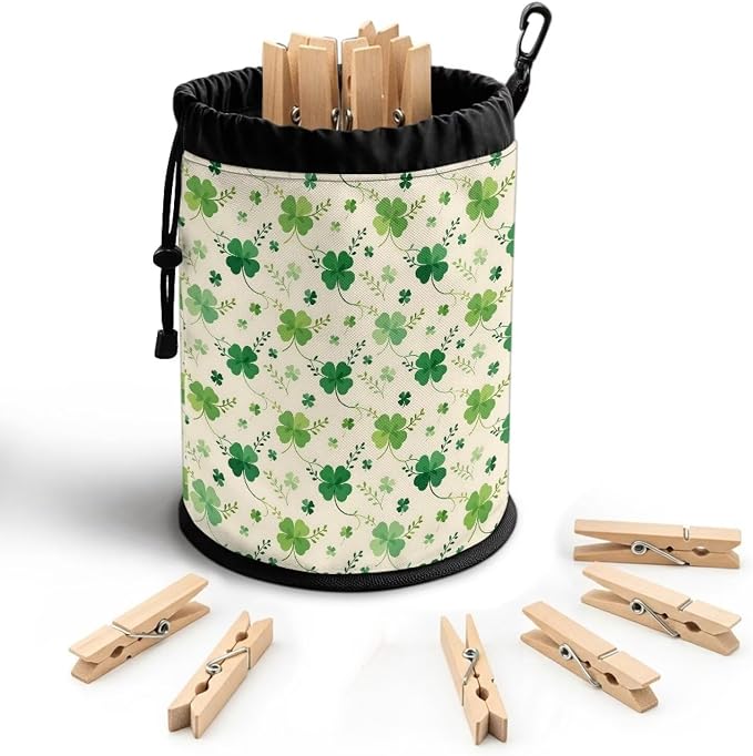 Shamrock Clothespin Bag with Hanging Hook Laundry Canvas Clothes Pin Holder Waterproof Clothespin Bag Clothespin Storage Organizer with Drawstring Closure