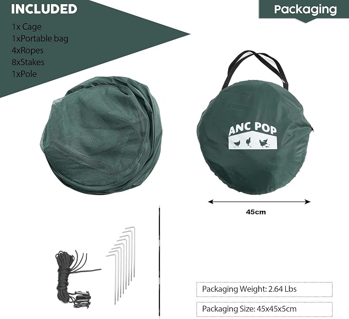ANC POP Portable Chicken Run, Pop Up Chicken Tent for Small Animals Outdoor Gardening Net with 3 Doors and Handbag, Easy to Install and Storage, Green (40 x 40 x 45)